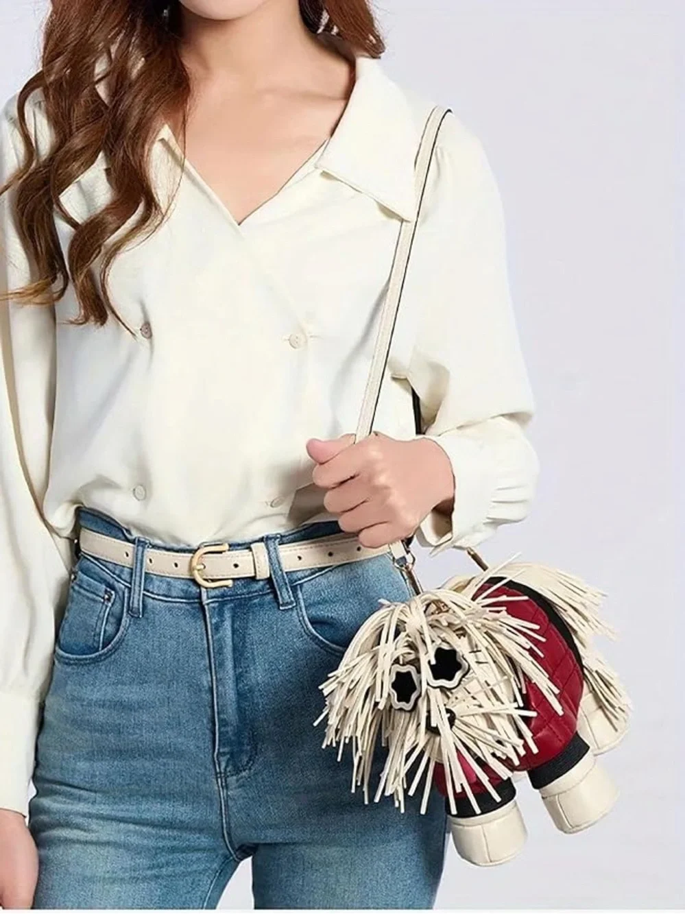 Novelty Fringe Puppy Crossbody Bag in Red and Cream
